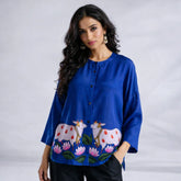 Surbhi Kalamkari Oversized Cotton Shirt for Women – Royal Blue