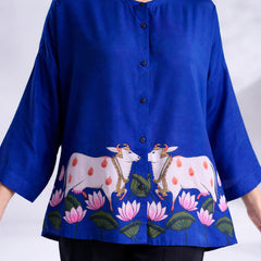 Surbhi Kalamkari Oversized Cotton Shirt for Women – Royal Blue