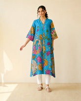 Vrindika Premium Cotton Printed Kurta Set with Pants – Electric Blue Floral Ethnic Wear