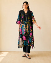 Vrindika Premium Cotton Printed Kurta Set with Pants – Black Floral Ethnic Wear