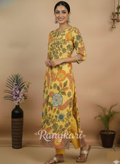 Sunshine Bloom Printed Floral Yellow Cotton Kurta for Women – Ethnic Elegance with Modern Charm