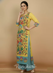 Elegant Yellow & Aqua Floral Art Cotton Kurta Set – Ethnic Charm for Women