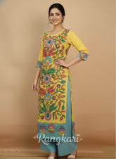 Elegant Yellow & Aqua Floral Art Cotton Kurta Set – Ethnic Charm for Women