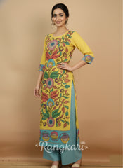 Elegant Yellow & Aqua Floral Art Cotton Kurta Set – Ethnic Charm for Women
