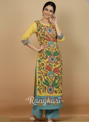 Elegant Yellow & Aqua Floral Art Cotton Kurta Set – Ethnic Charm for Women