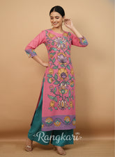Graceful Pink Floral Art Cotton Kurta Set – Elegant Ethnic Wear for Women