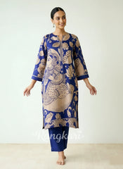 Royal Blue Kurta Set with Embroidery and Kalamkari Print