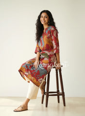 Chitra Kalamkari Print Kurta & Relaxed Churidar Pants Set (Rust & Multi-Colored)