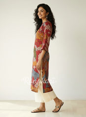 Chitra Kalamkari Print Kurta & Relaxed Churidar Pants Set (Rust & Multi-Colored)