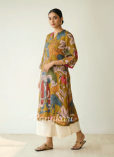 Chitra Kalamkari Print Kurta & Relaxed Churidar Pants Set (Mustard Yellow & Multi-Colored)
