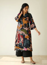 Chitra Kalamkari Print Kurta & Relaxed Churidar Pants Set (Black & Multi-Colored)