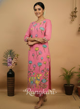 Pink Lotus Bloom Cotton Kurta Set with Cow Motif – Ethnic Elegance Kurti Set for Women