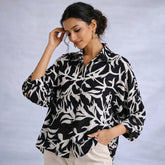 Black & Ivory Abstract Botanical Print Oversized Cotton Shirt – Premium Relaxed Top for Women