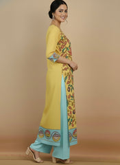 Elegant Yellow & Aqua Floral Art Cotton Kurta Set – Ethnic Charm for Women