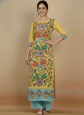Elegant Yellow & Aqua Floral Art Cotton Kurta Set – Ethnic Charm for Women