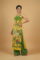 Sunlit Kalamkari Bird Print Sleeveless Cotton Kurta Set with Green Palazzo