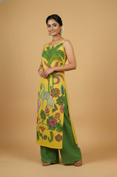 Sunlit Kalamkari Bird Print Sleeveless Cotton Kurta Set with Green Palazzo