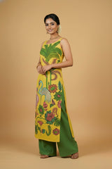 Sunlit Kalamkari Bird Print Sleeveless Cotton Kurta Set with Green Palazzo