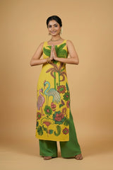 Sunlit Kalamkari Bird Print Sleeveless Cotton Kurta Set with Green Palazzo