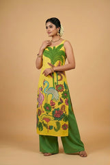 Sunlit Kalamkari Bird Print Sleeveless Cotton Kurta Set with Green Palazzo