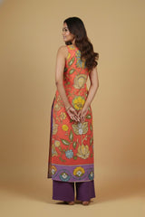 Coral Bloom Kalamkari Cotton Sleeveless Kurta Set with Purple Palazzo