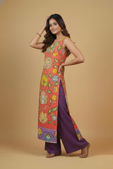 Coral Bloom Kalamkari Cotton Sleeveless Kurta Set with Purple Palazzo