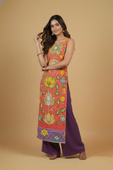 Coral Bloom Kalamkari Cotton Sleeveless Kurta Set with Purple Palazzo