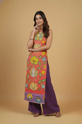 Coral Bloom Kalamkari Cotton Sleeveless Kurta Set with Purple Palazzo