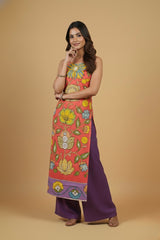 Coral Bloom Kalamkari Cotton Sleeveless Kurta Set with Purple Palazzo