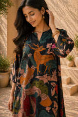 Chitra Kalamkari Print Kurta & Relaxed Pants Set (Black & Multi-Colored)