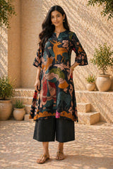 Chitra Kalamkari Print Kurta & Relaxed Pants Set (Black & Multi-Colored)