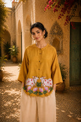 Surbhi Kalamkari Oversized Cotton Shirt for Women – Golden Yellow