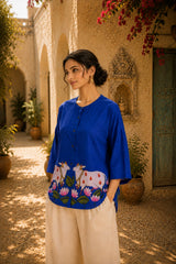 Surbhi Kalamkari Oversized Cotton Shirt for Women – Royal Blue