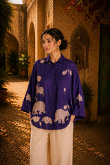 Purple Kalamkari Elephant & Lotus Print Oversized Cotton Shirt | Premium Relaxed Fit Ethnic Fusion Top for Women