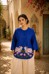Surbhi Kalamkari Oversized Cotton Shirt for Women – Royal Blue