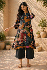 Chitra Kalamkari Print Kurta & Relaxed Pants Set (Black & Multi-Colored)