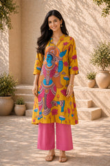 Rasika Kalamkari Print Premium Fabric Kurti Set with Pants for Women - Yellow