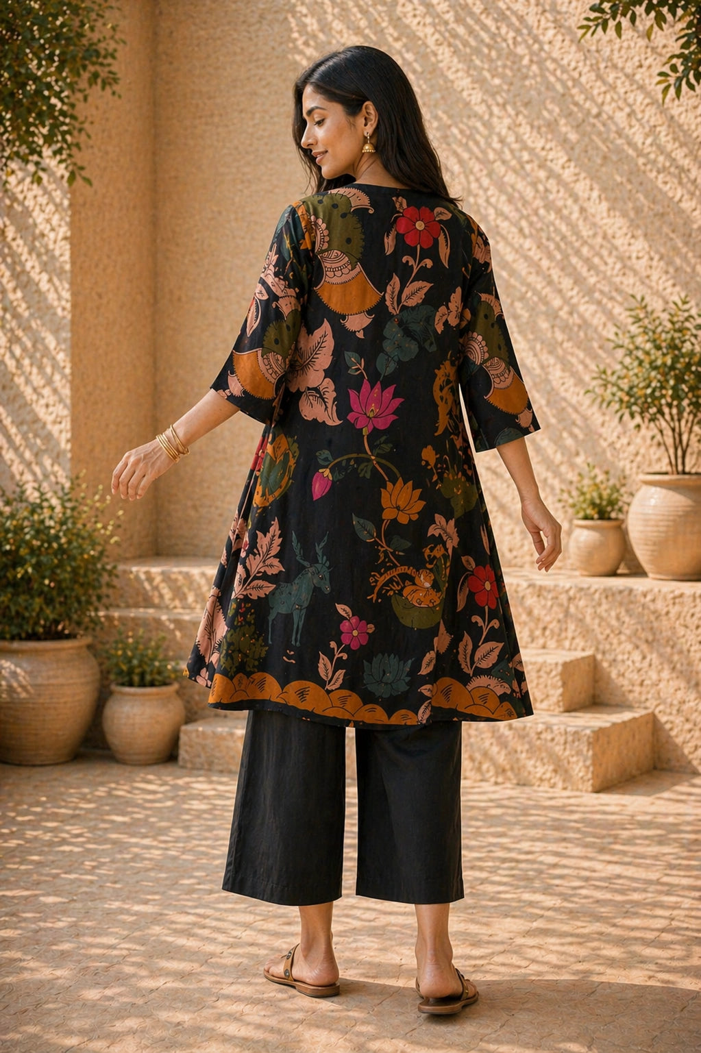 Chitra Kalamkari Print Kurta & Relaxed Pants Set (Black & Multi-Colored)