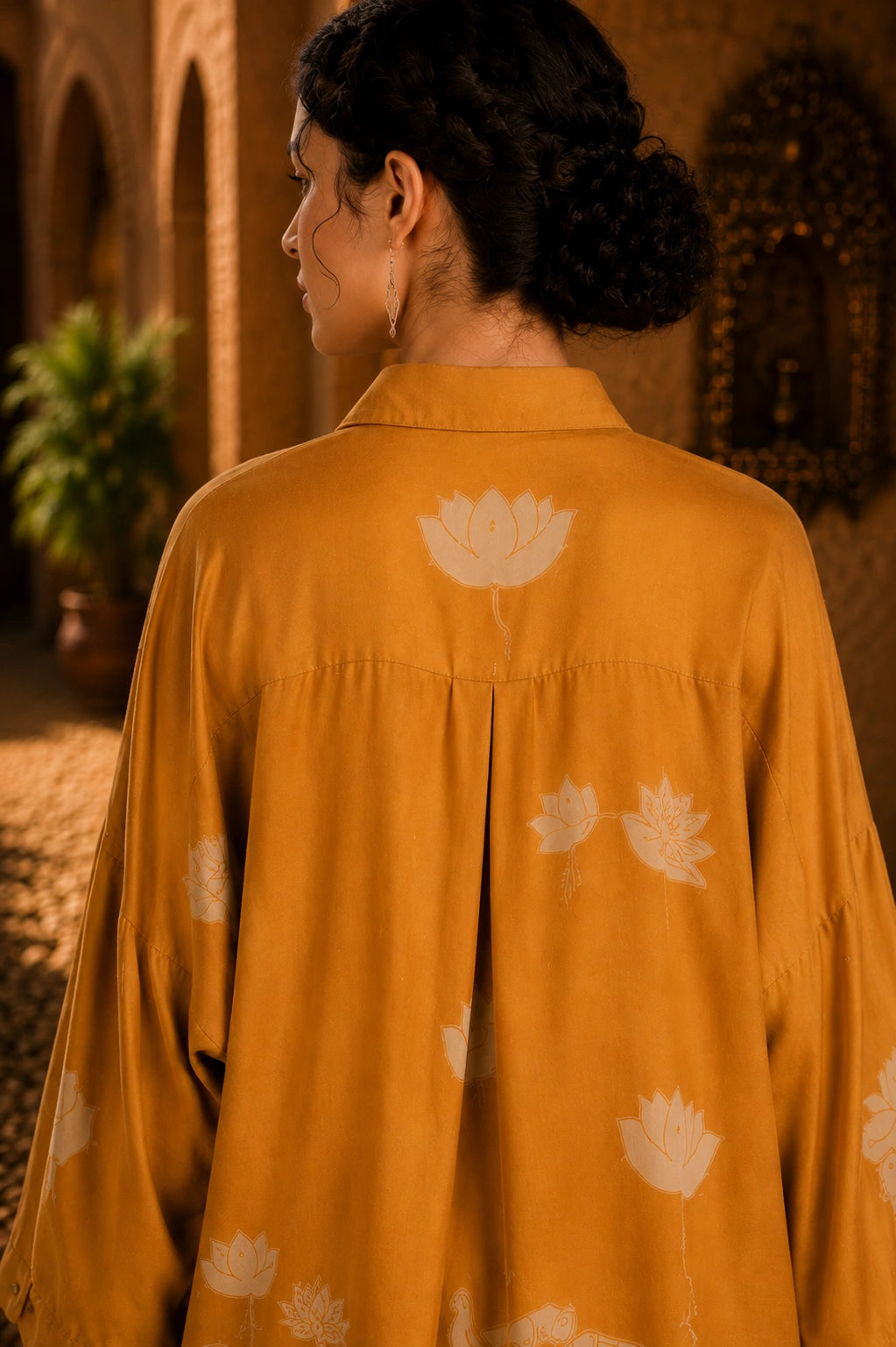 Yellow Kalamkari Elephant & Lotus Print Oversized Cotton Shirt – Premium Relaxed Fit Ethnic Fusion Top for Women
