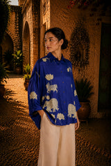 Royal Blue Kalamkari Elephant & Lotus Print Oversized Cotton Shirt – Premium Relaxed Fit Ethnic Fusion Top for Women