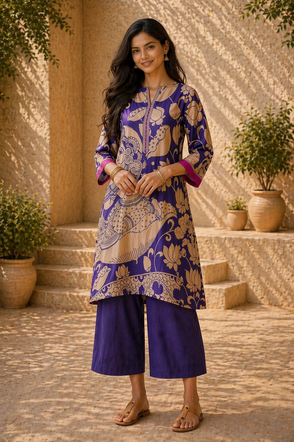 Violet Kalamkari Print Kurta Set with Embroidery - Traditional Ethnic Wear for Women