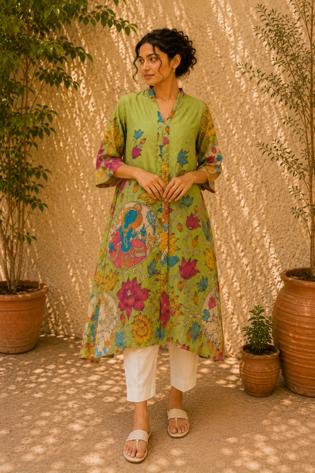 Vrindika Premium Cotton Printed Kurta Set with Pants – Pista Green Floral Ethnic Wear