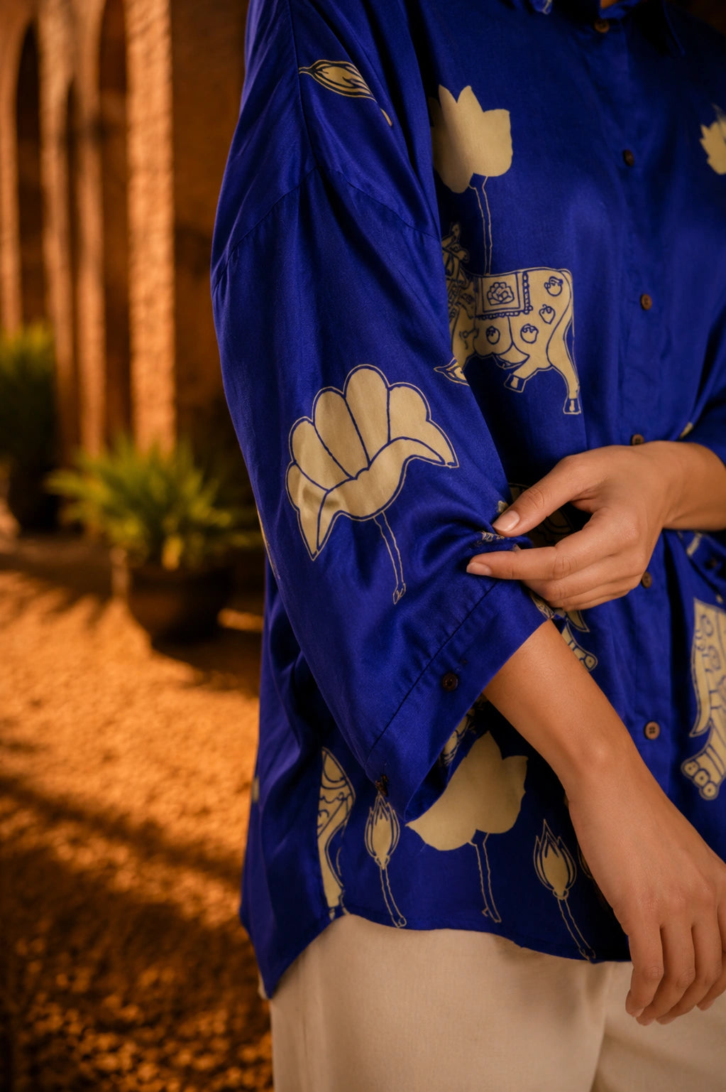 Royal Blue Kalamkari Elephant & Lotus Print Oversized Cotton Shirt – Premium Relaxed Fit Ethnic Fusion Top for Women