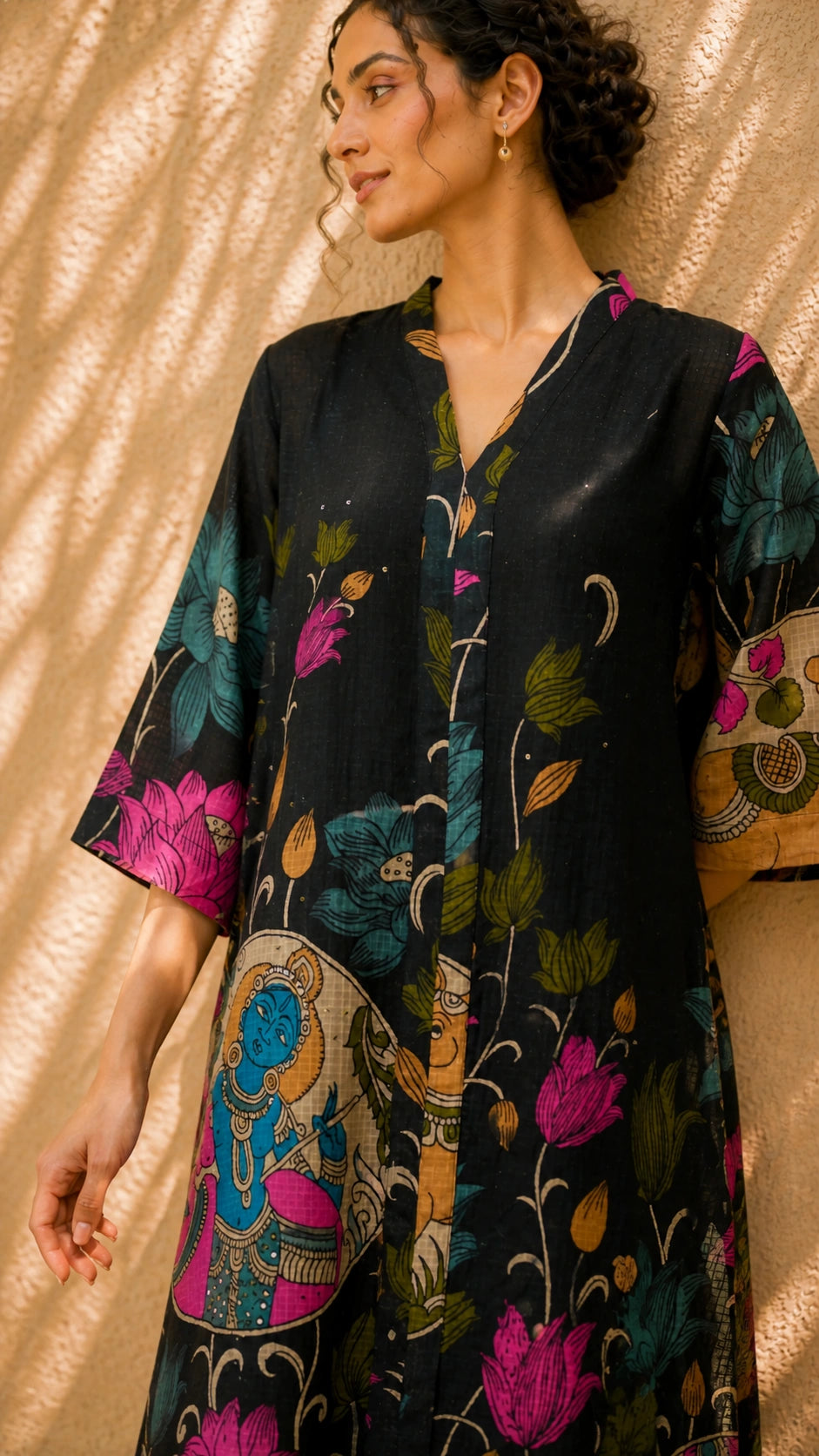 Vrindika Premium Cotton Printed Kurta Set with Pants – Black Floral Ethnic Wear