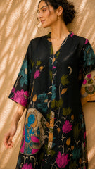 Vrindika Premium Cotton Printed Kurta Set with Pants – Black Floral Ethnic Wear