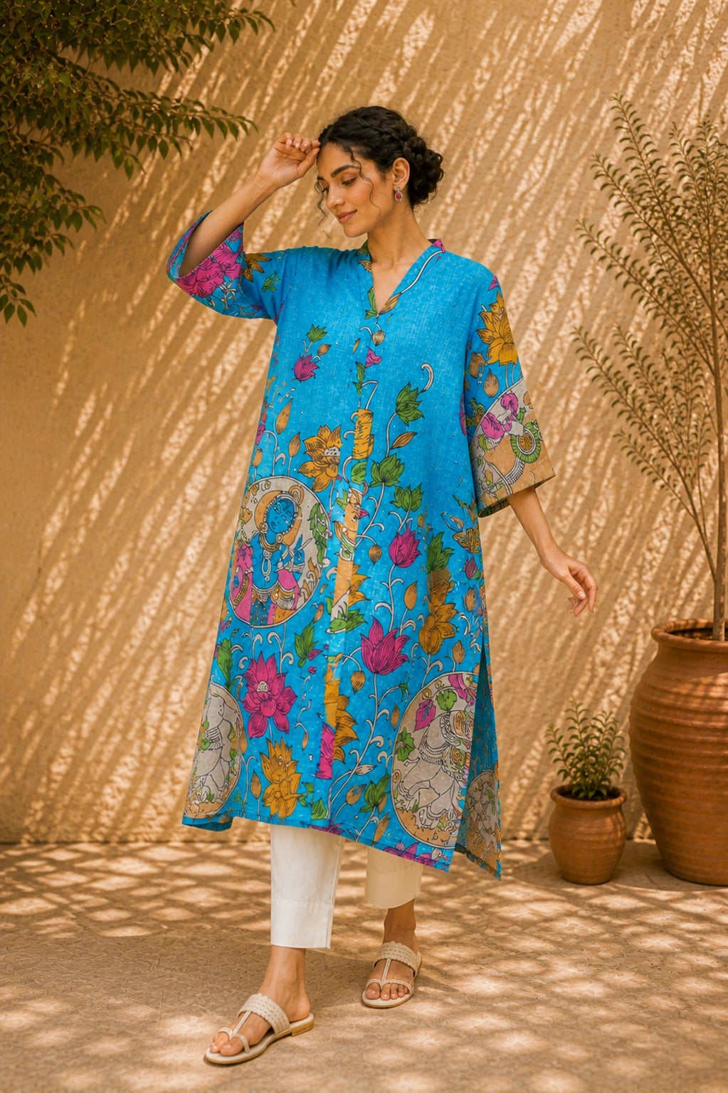 Vrindika Premium Cotton Printed Kurta Set with Pants – Electric Blue Floral Ethnic Wear
