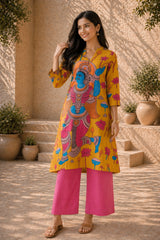 Rasika Kalamkari Print Premium Fabric Kurti Set with Pants for Women - Yellow