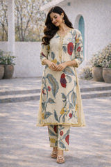 Off-White Floral Cotton Kurta Set with Lace Detailing
