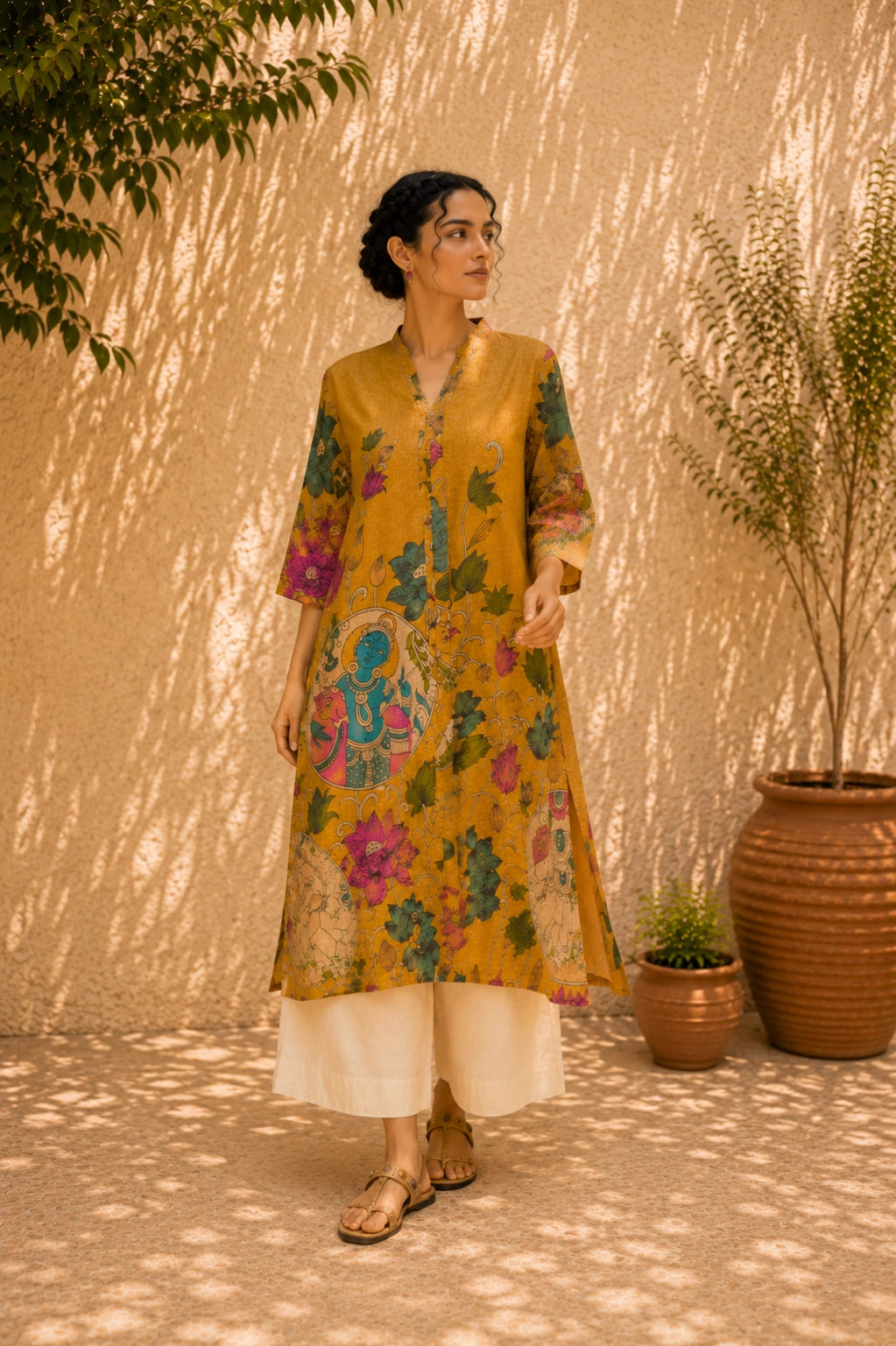 Vrindika Premium Cotton Printed Kurta Set with Pants – Mustard Floral Ethnic Wear