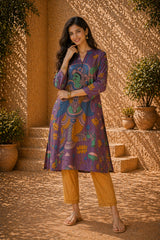 Rasika Kalamkari Print Premium Fabric Kurta Set with Pants for Women - Mauve